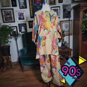 Batik Kurta-Style Loungewear Vintage 90s 2 Piece Set Top Pants Patterned Outfit